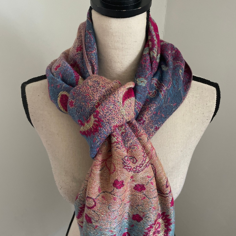 Pashmina Silk Shawl Paisley Print Lightweight Fringe Stole Boho Chic Artsy Wrap - Picture 2 of 12